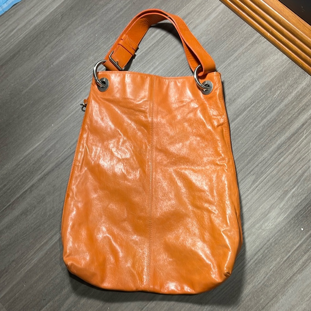 Theory orange soft leather large satchel tote bag side zip pink interior